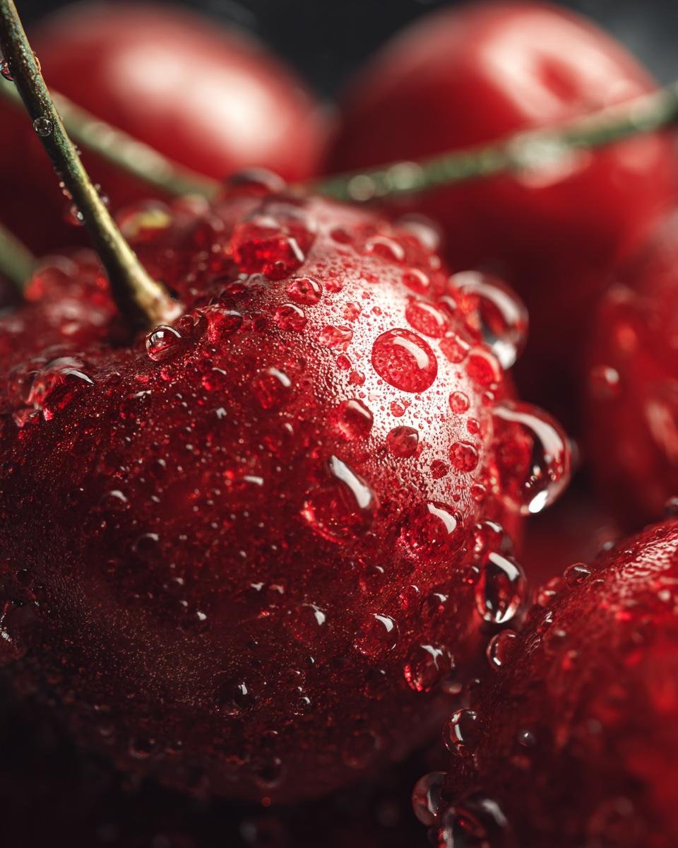 Macro shot of fresh, ripe cherries covered in water droplets, highlighting their vibrant red color.