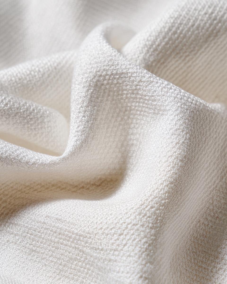 Detailed close-up of the textured weave of white seersucker fabric, highlighting its puckered surface.