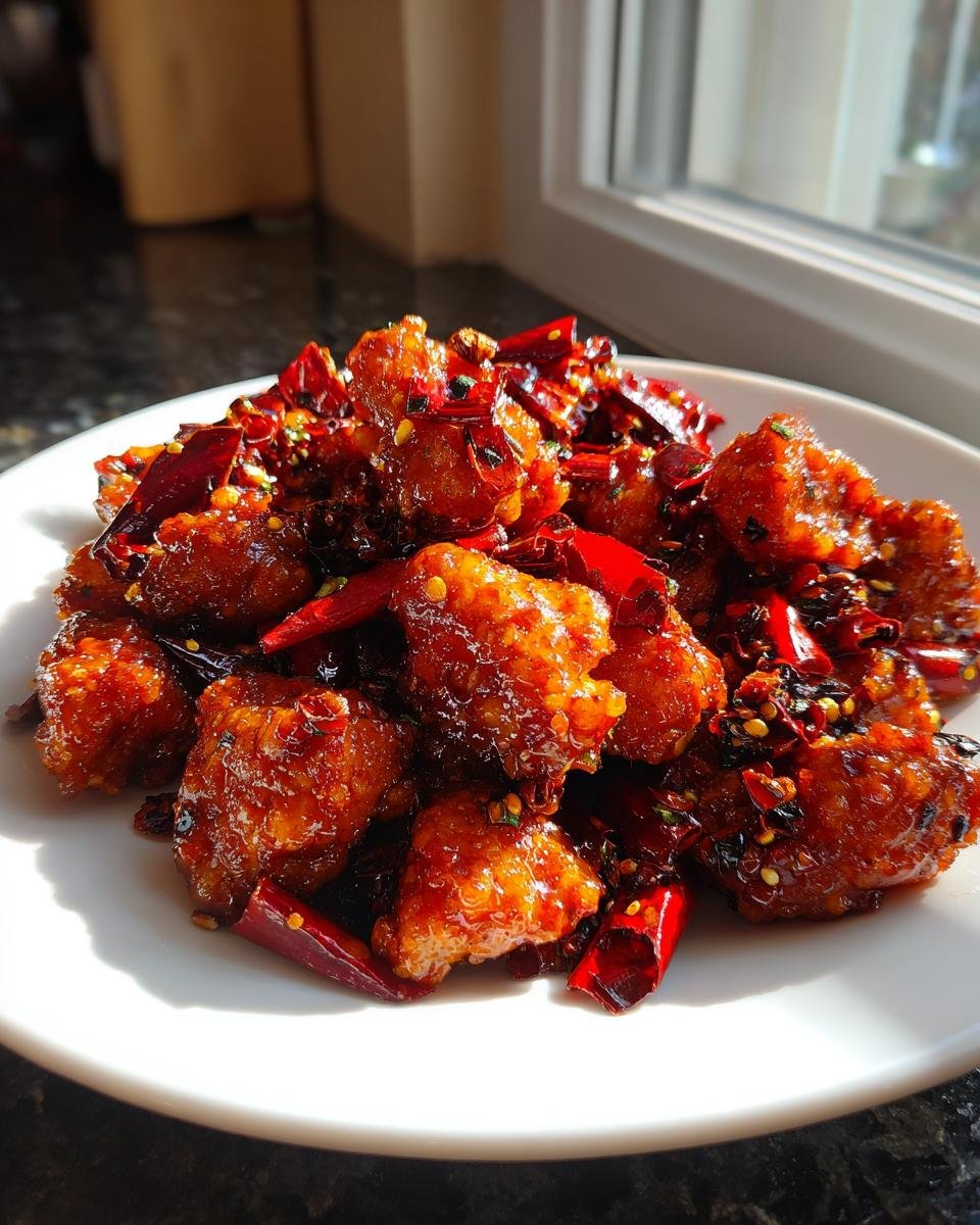 A plate piled high with glossy, deep-fried pieces of 30 Minute Szechuan Chicken Spicy Delight In A Flash, covered in dried red chilies.