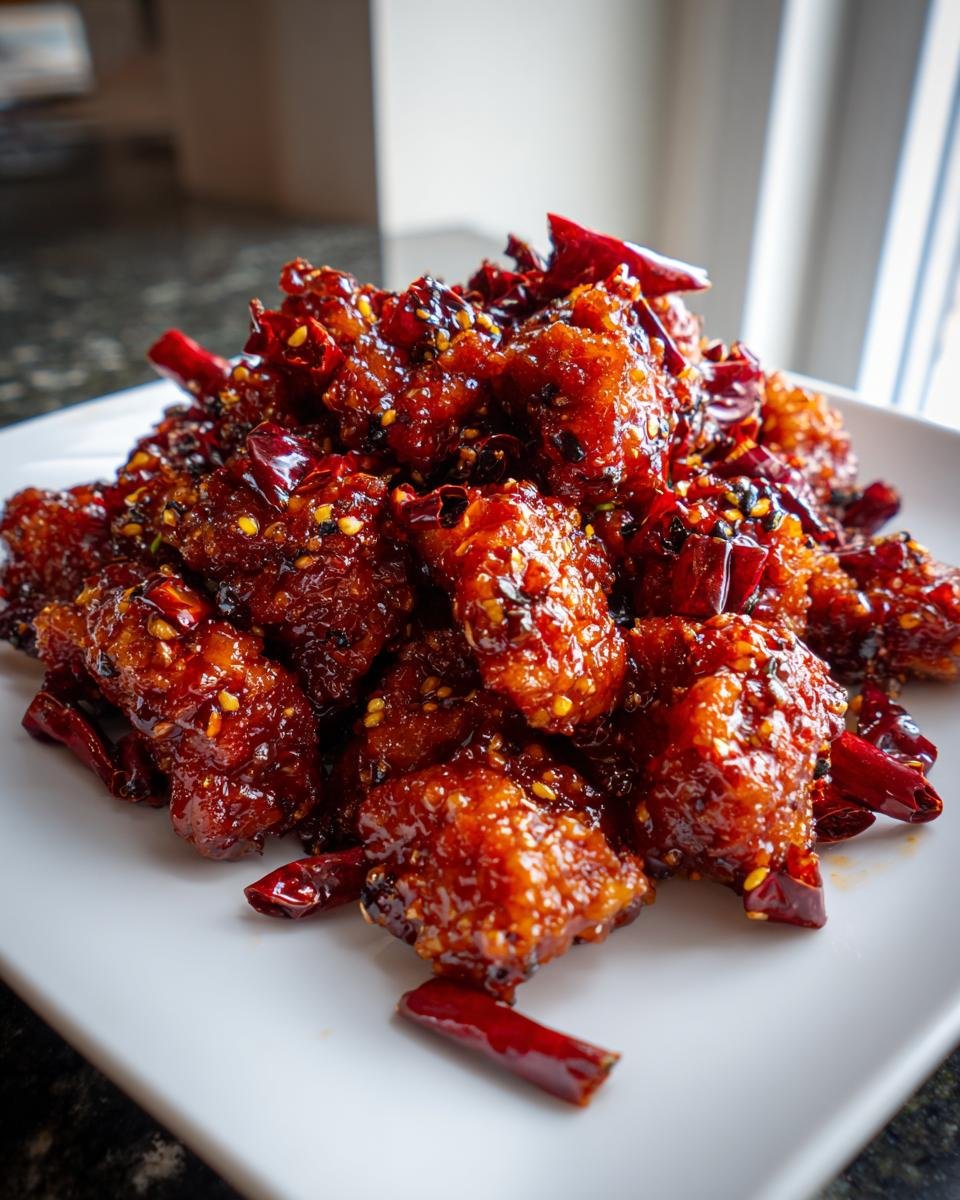 A close-up of glistening, deep-red, crispy pieces of 30 Minute Szechuan Chicken Spicy Delight, garnished with dried chilies and sesame seeds.