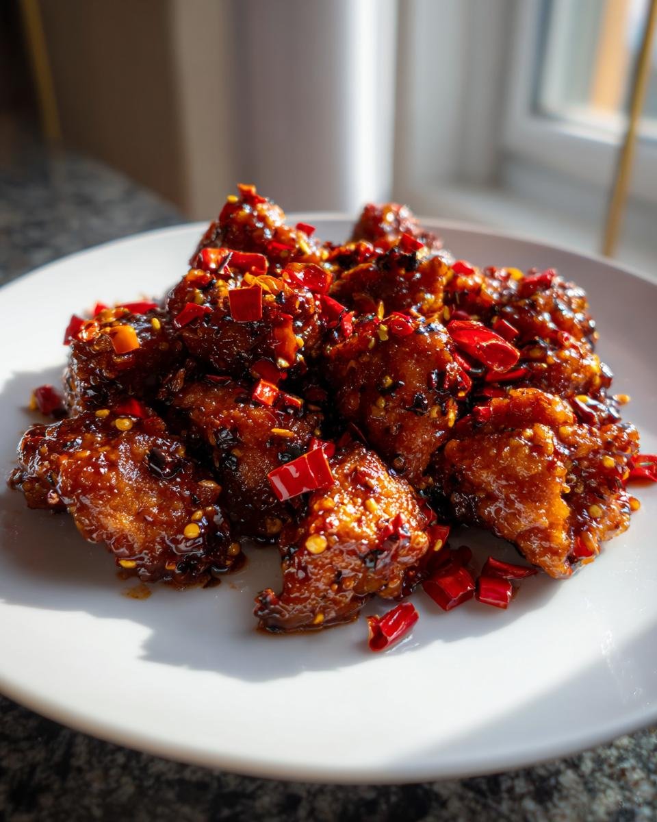 Close-up of glistening, saucy 30 Minute Szechuan Chicken Spicy Delight In A Flash topped with bright red chili flakes.