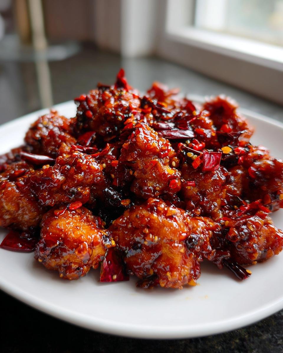 Close-up of crispy chicken pieces coated in a glossy, dark red, spicy Szechuan sauce with visible chili flakes.
