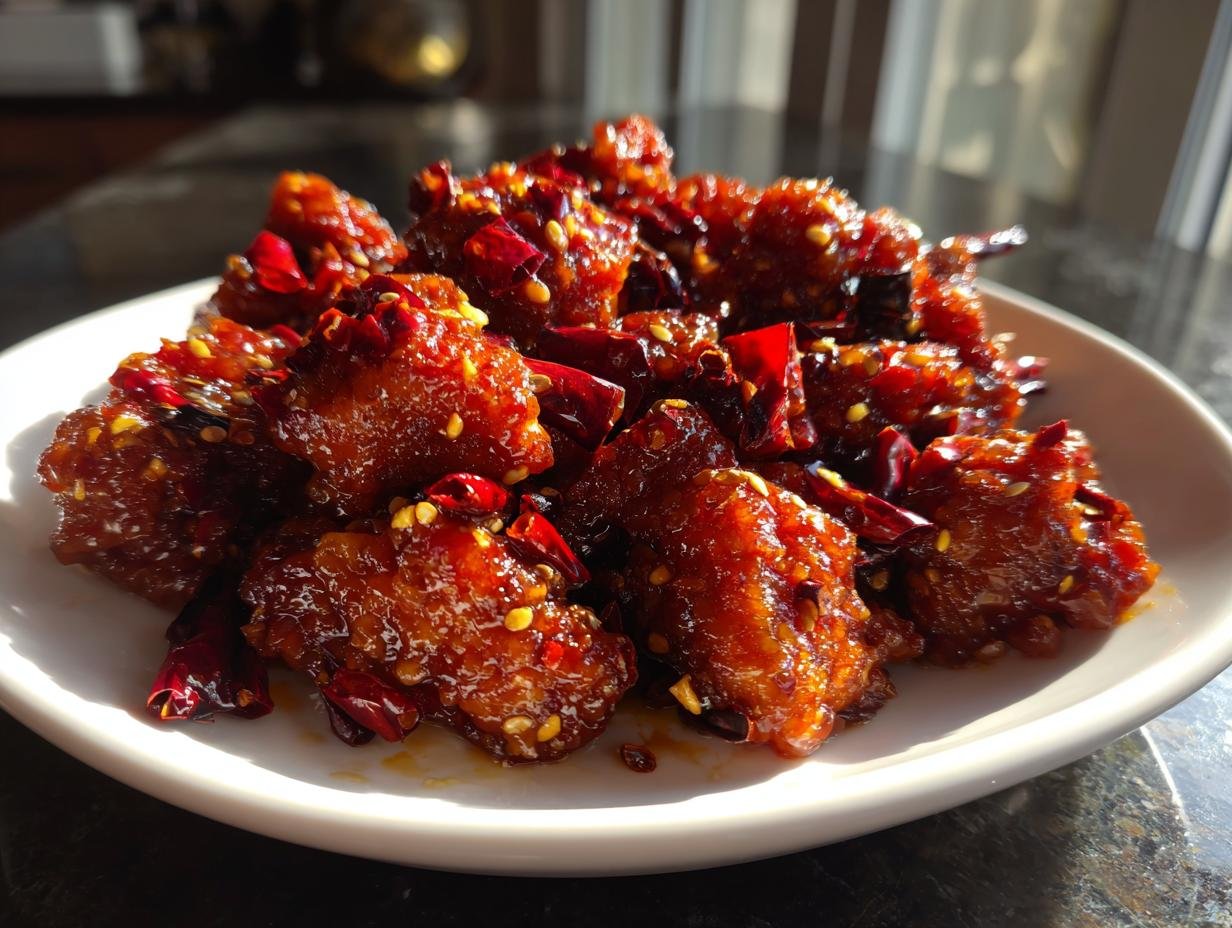 Close-up of glistening, saucy 30 Minute Szechuan Chicken Spicy Delight pieces covered in chili flakes and sesame seeds.