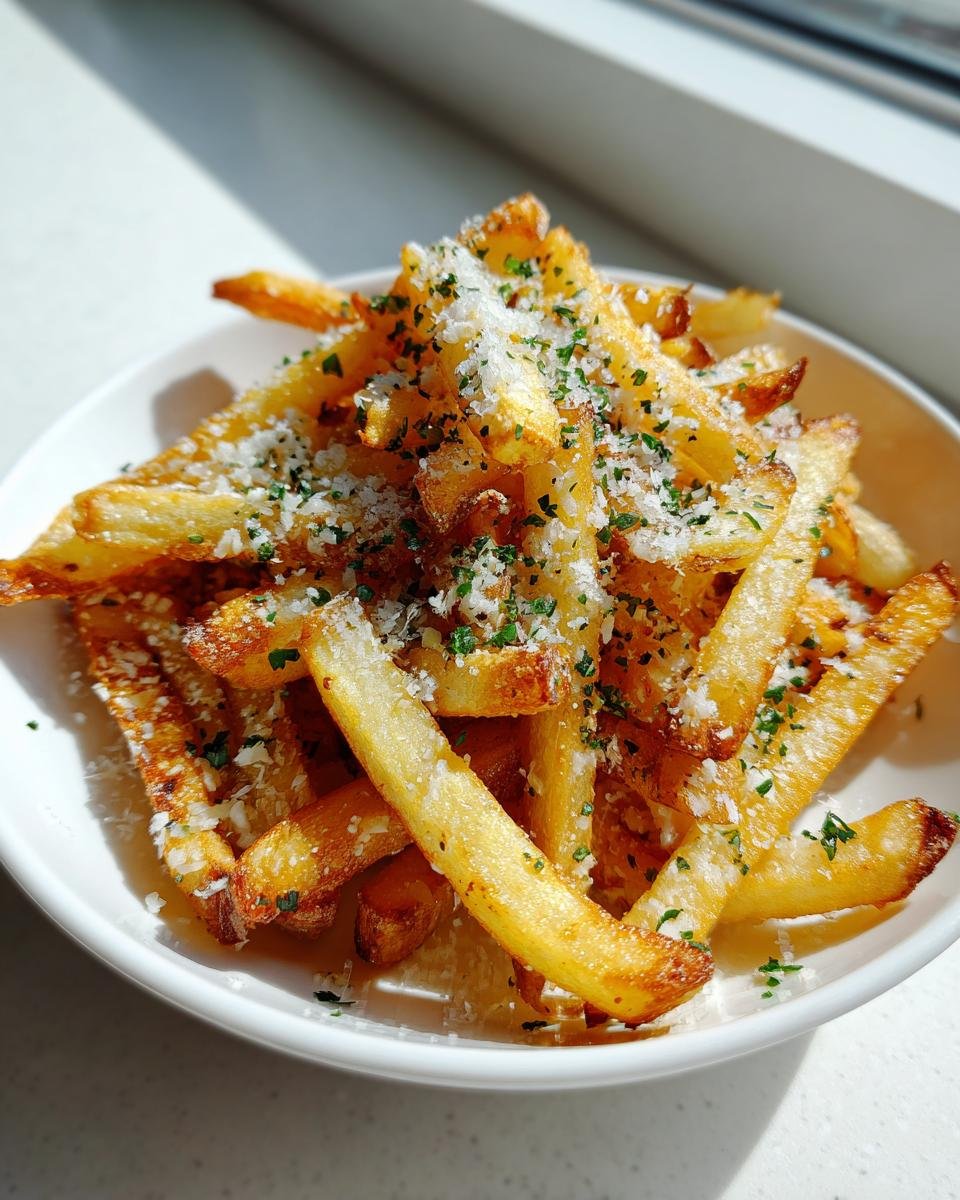 A close-up of crispy Air Fryer Garlic Parmesan French Fries generously topped with grated cheese and parsley.