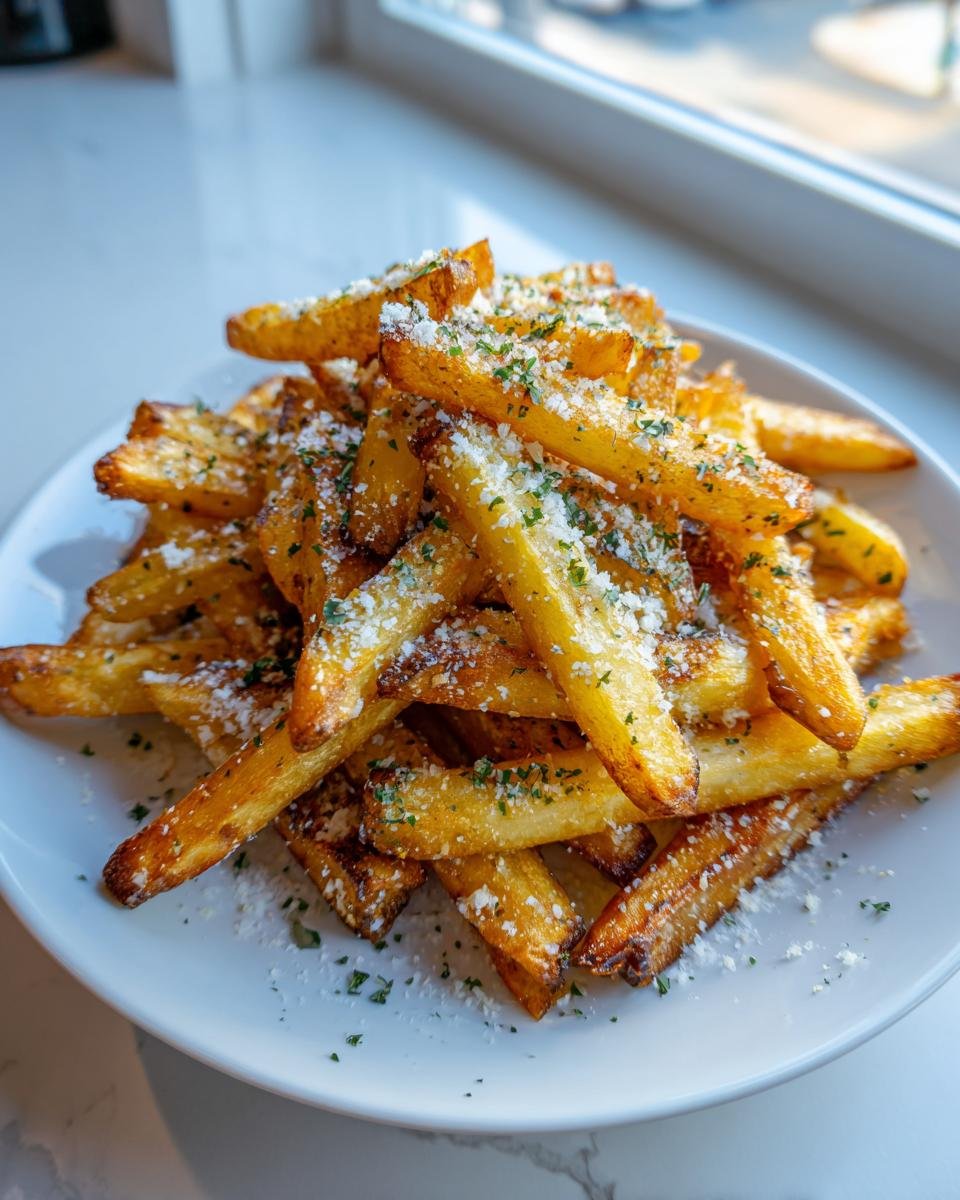 A mound of golden Air Fryer Garlic Parmesan French Fries topped with grated cheese and parsley on a white plate.