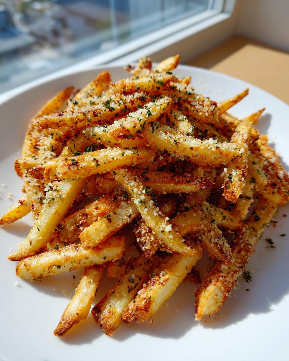 A mound of golden, crispy Air Fryer Garlic Parmesan French Fries topped with grated cheese and parsley.