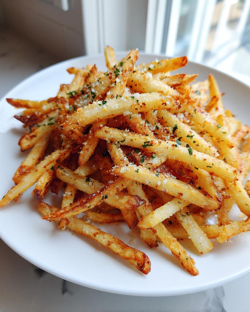 A mound of crispy Air Fryer Garlic Parmesan French Fries seasoned with grated cheese and parsley on a white plate.