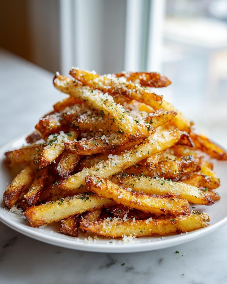 A tall pile of golden, crispy Air Fryer Garlic Parmesan French Fries topped with grated cheese and parsley.