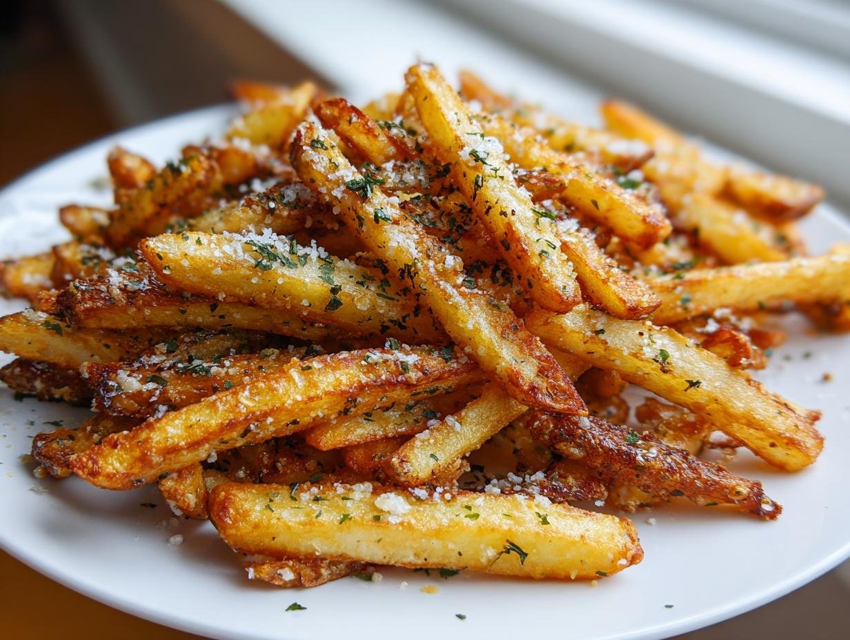A close-up of crispy Air Fryer Garlic Parmesan French Fries piled high on a white plate, dusted with cheese and parsley.