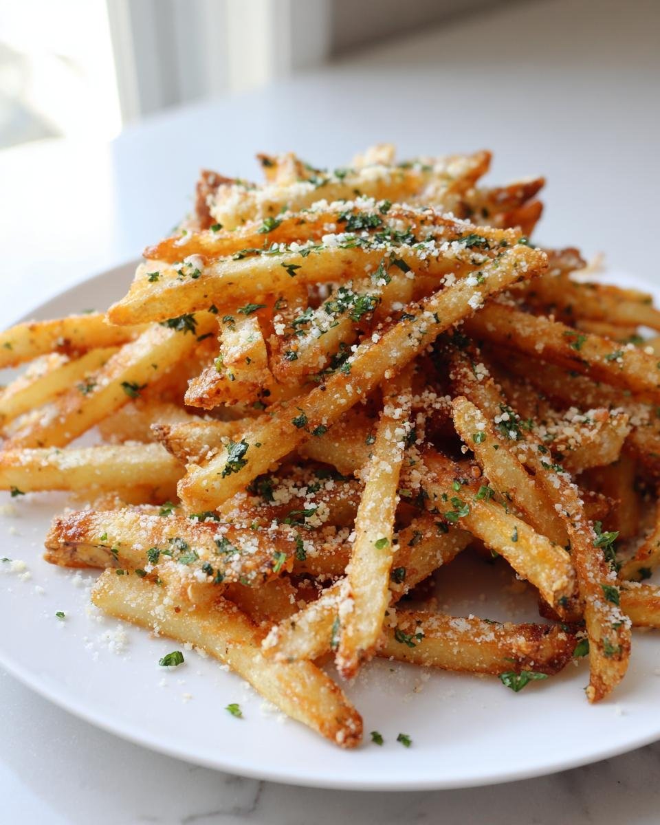 A close-up of crispy Air Fryer Garlic Parmesan French Fries piled high on a white plate, dusted with cheese and parsley.