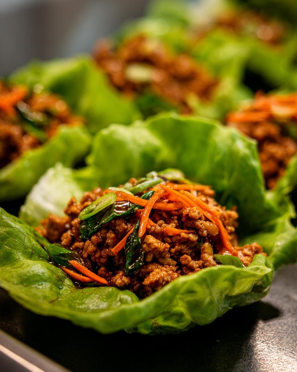 Close-up of a single serving of savory Chicken Lettuce Wraps, featuring ground meat filling topped with shredded carrots and green onions.
