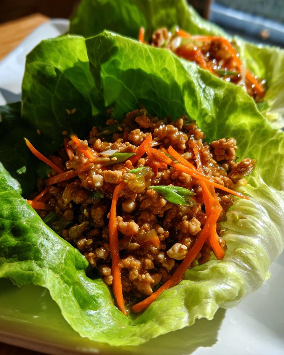 Close-up of savory ground chicken filling with shredded carrots served in crisp lettuce cups for Chicken Lettuce Wraps.