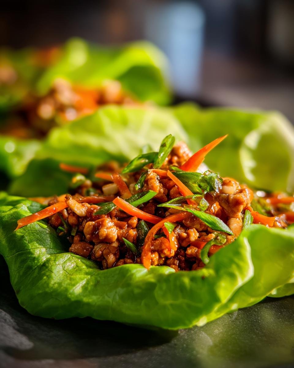 A close-up view of a fresh lettuce cup filled with savory ground chicken mixture for Chicken Lettuce Wraps, topped with shredded carrots and green onions.