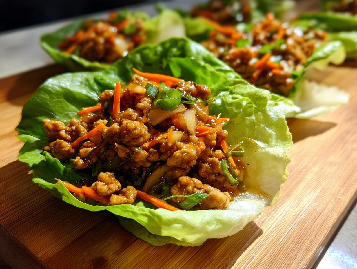 Close-up of a fresh lettuce cup filled with savory ground chicken mixture for Chicken Lettuce Wraps.