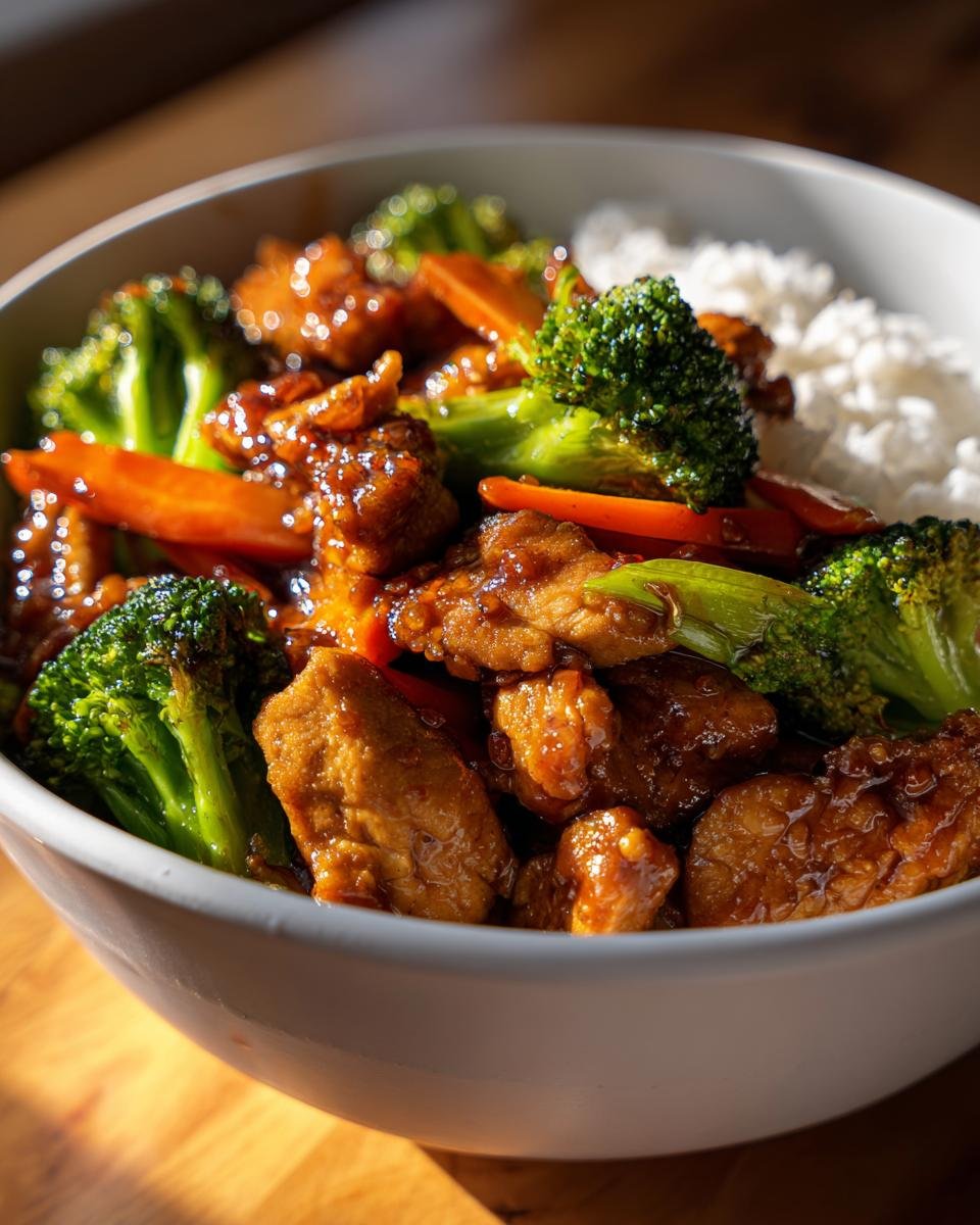 Close-up of glossy, saucy Chicken Stir Fry with chicken pieces, bright green broccoli, and carrots served over white rice.