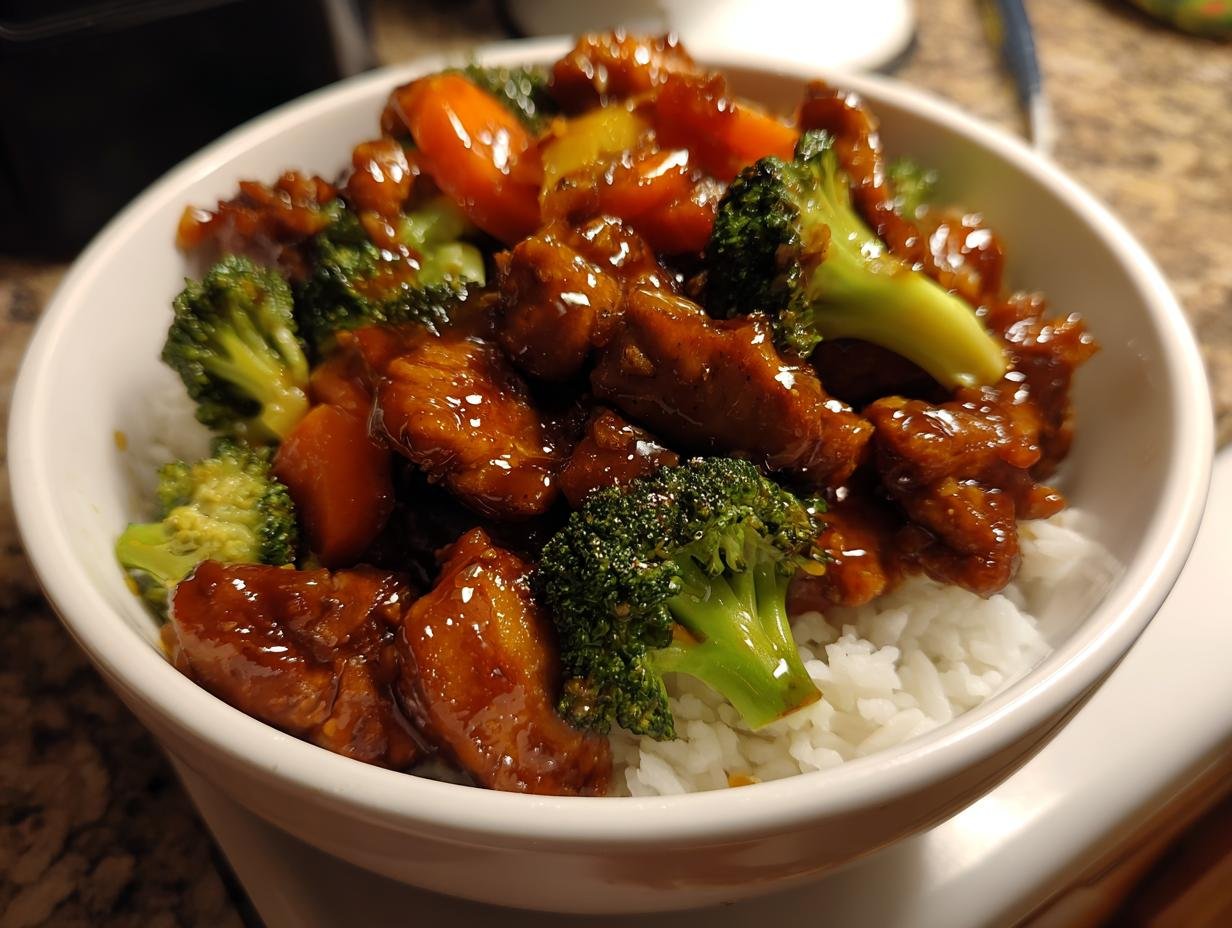 Close-up of a white bowl filled with white rice topped with glossy Chicken Stir Fry, broccoli, and carrots.