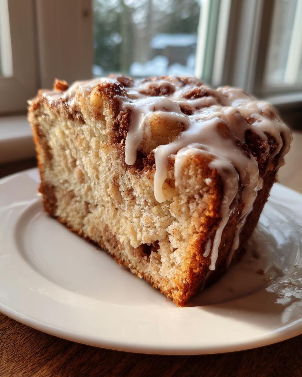 A close-up of a slice of Irresistible Amish Apple Fritter Bread topped with a thick vanilla glaze.
