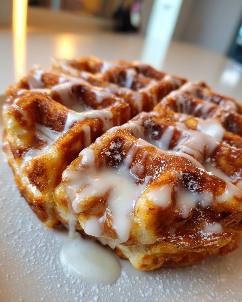 Close-up of a golden brown Apple Fritter Waffle Donut drizzled heavily with white glaze and powdered sugar.