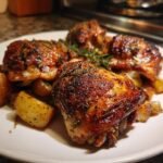 Close-up of three perfectly roasted Baked Chicken Thighs Potatoes on a white plate, garnished with rosemary.