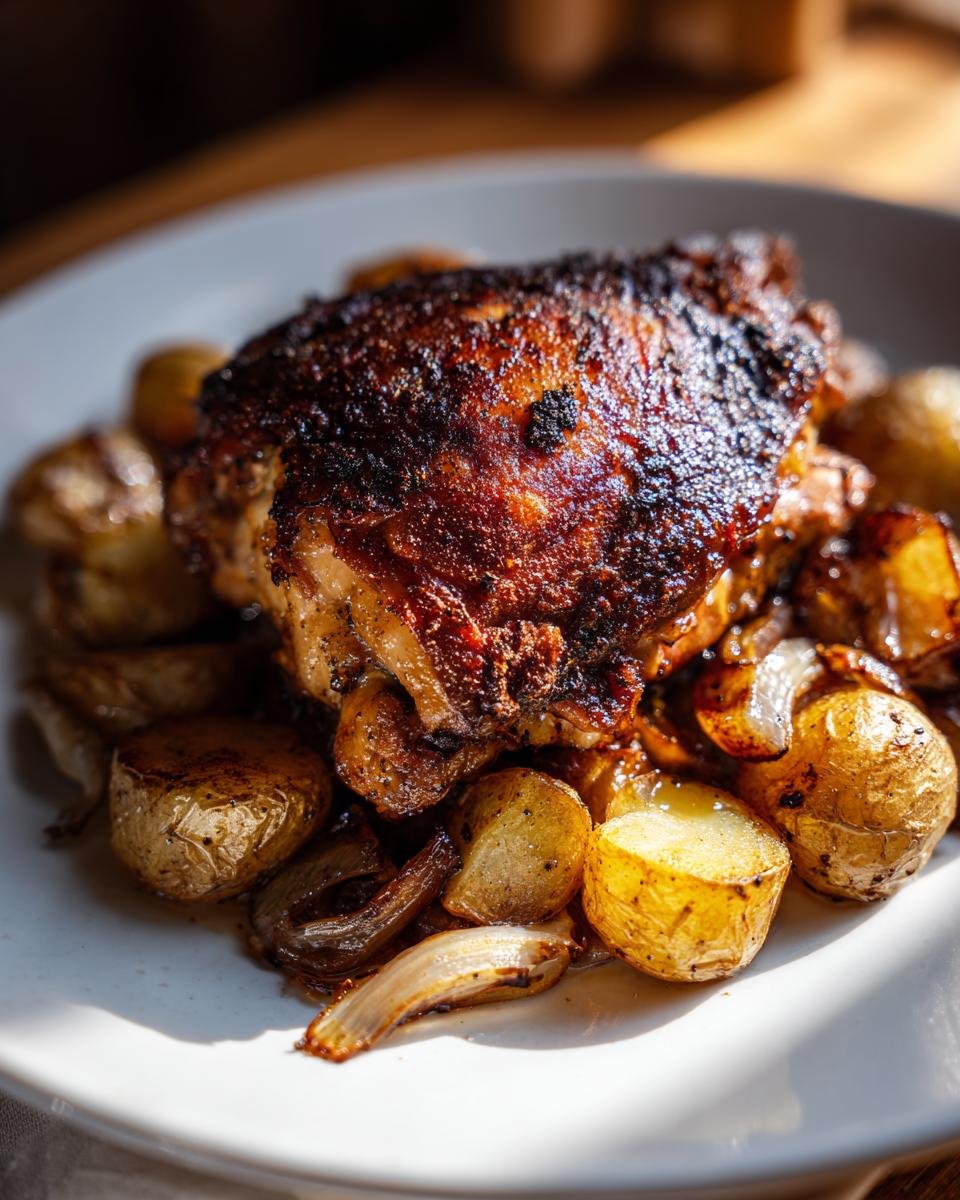 Close-up of a perfectly cooked baked chicken thigh with crispy skin served over roasted potatoes and onions.