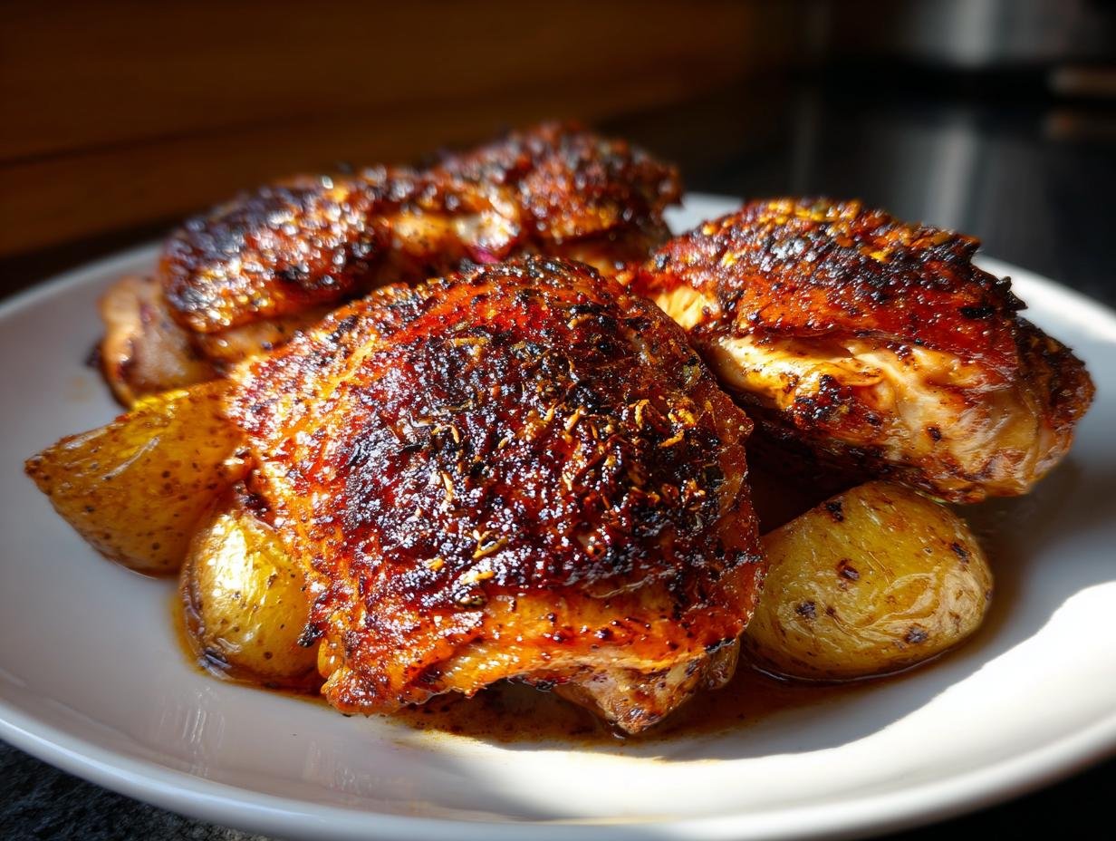 Close-up of three crispy, seasoned Baked Chicken Thighs With Potatoes served on a white plate.
