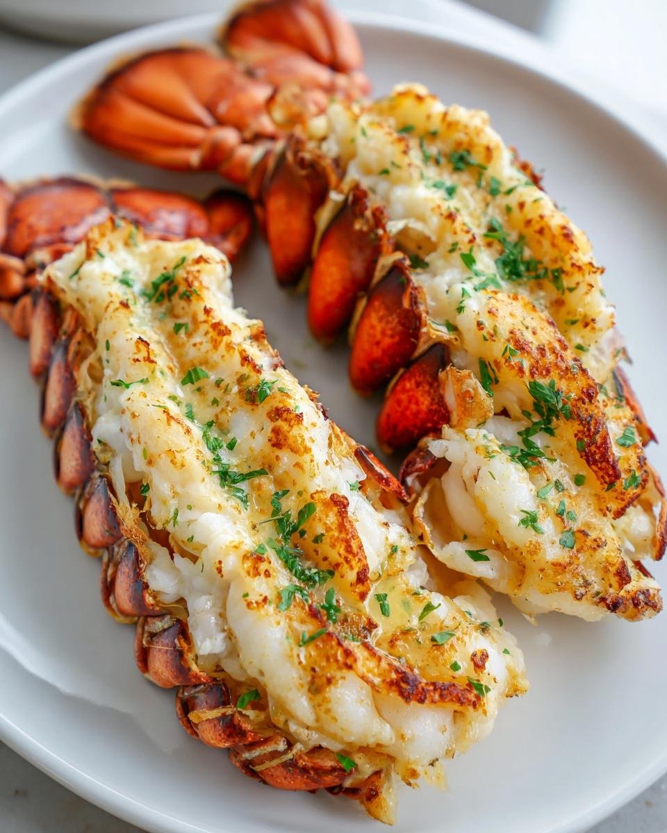 Two succulent Baked Lobster Tails, split and broiled with butter and parsley, served on a white plate.