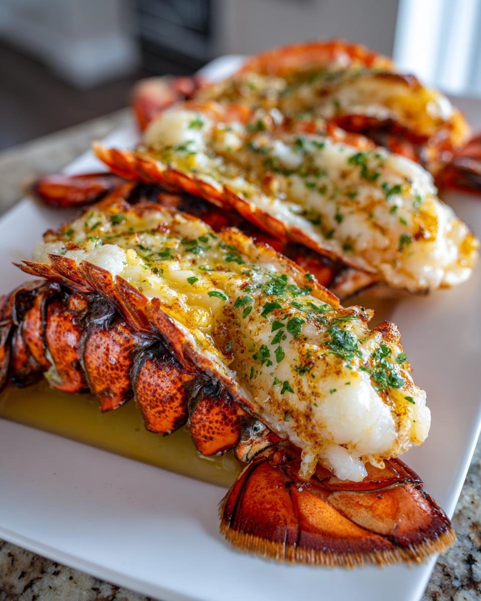 Close-up of succulent Baked Lobster Tails split open, brushed with garlic butter and topped with parsley.