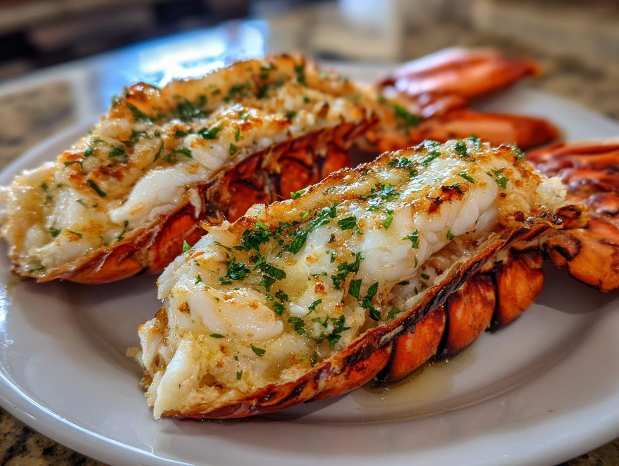 Two succulent, split Baked Lobster Tails, topped with melted butter and fresh parsley, resting on a white plate.