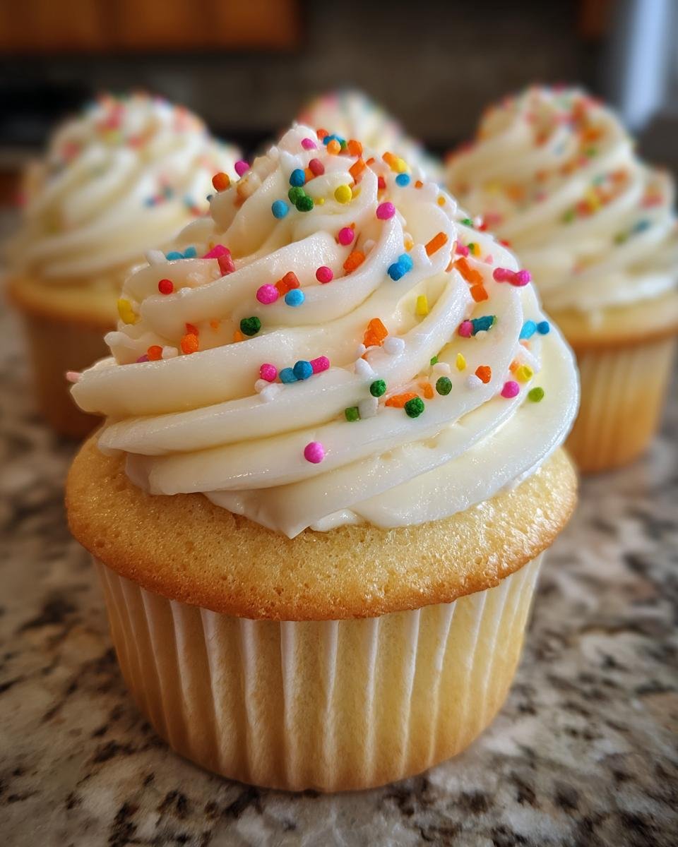 A close-up of one of The Best Vanilla Cupcakes With Sprinkles, topped with white frosting and colorful nonpareils.