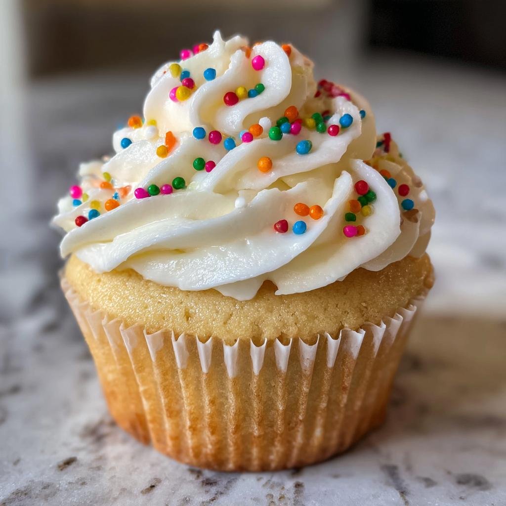 A single, perfectly frosted vanilla cupcake topped with white buttercream and colorful sprinkles.