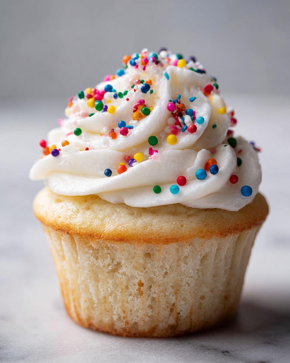 A single, perfectly baked vanilla cupcake topped with swirls of white frosting and colorful sprinkles.