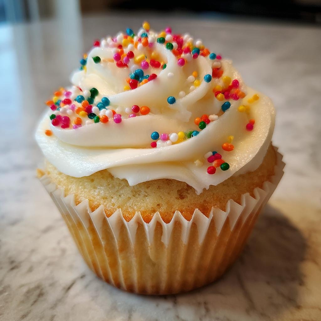 A single, perfectly frosted vanilla cupcake topped generously with bright, colorful sprinkles.
