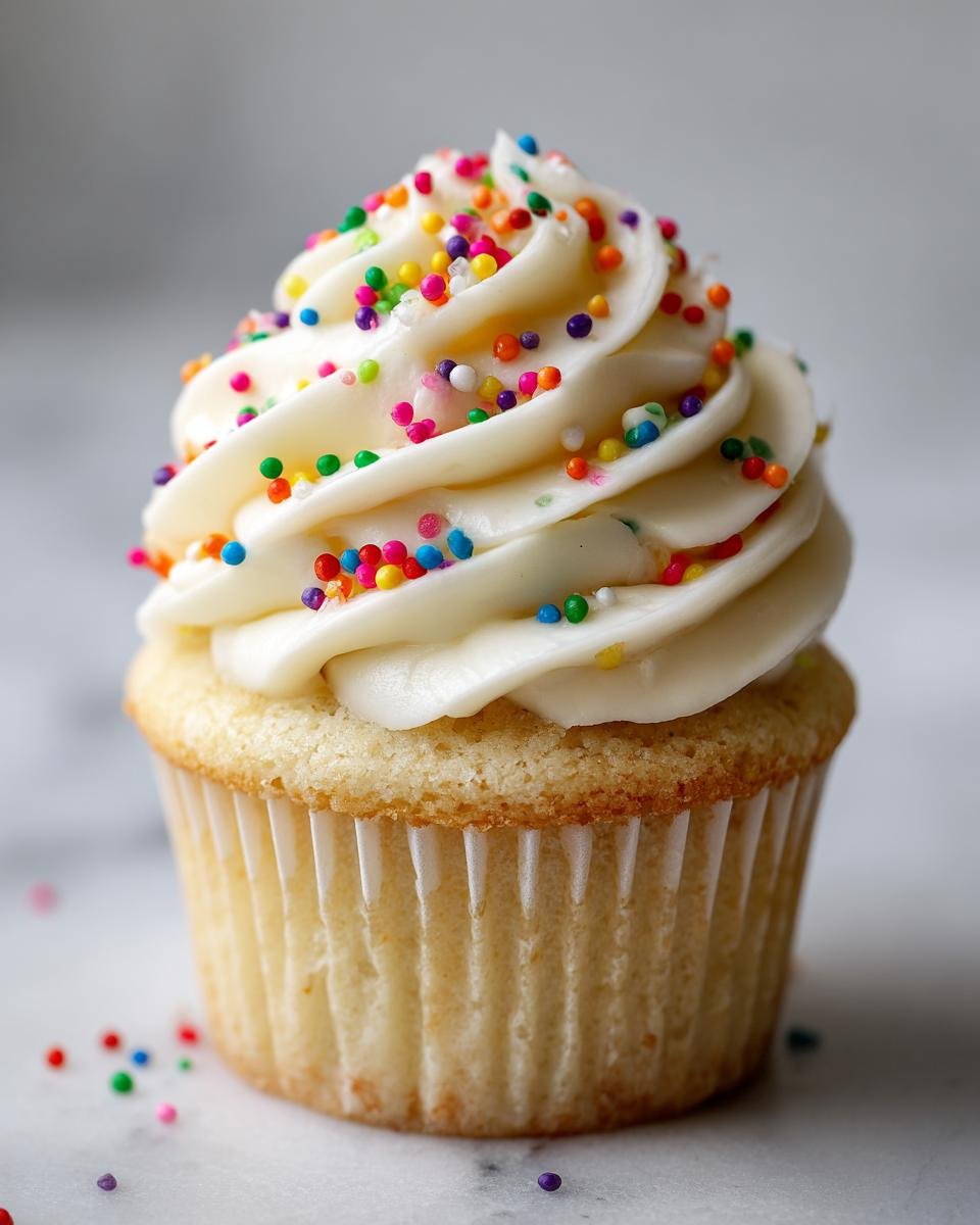 Close-up of a perfectly baked vanilla cupcake topped with creamy white frosting and colorful sprinkles.