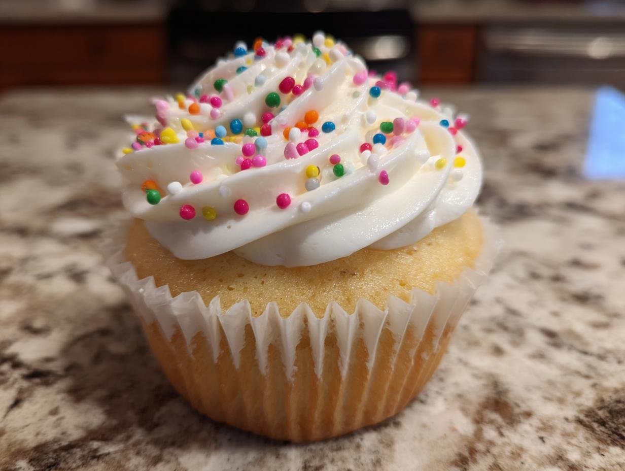 A single, perfectly frosted vanilla cupcake topped with white buttercream and colorful sprinkles, showcasing The Best Vanilla Cupcakes With Sprinkles.