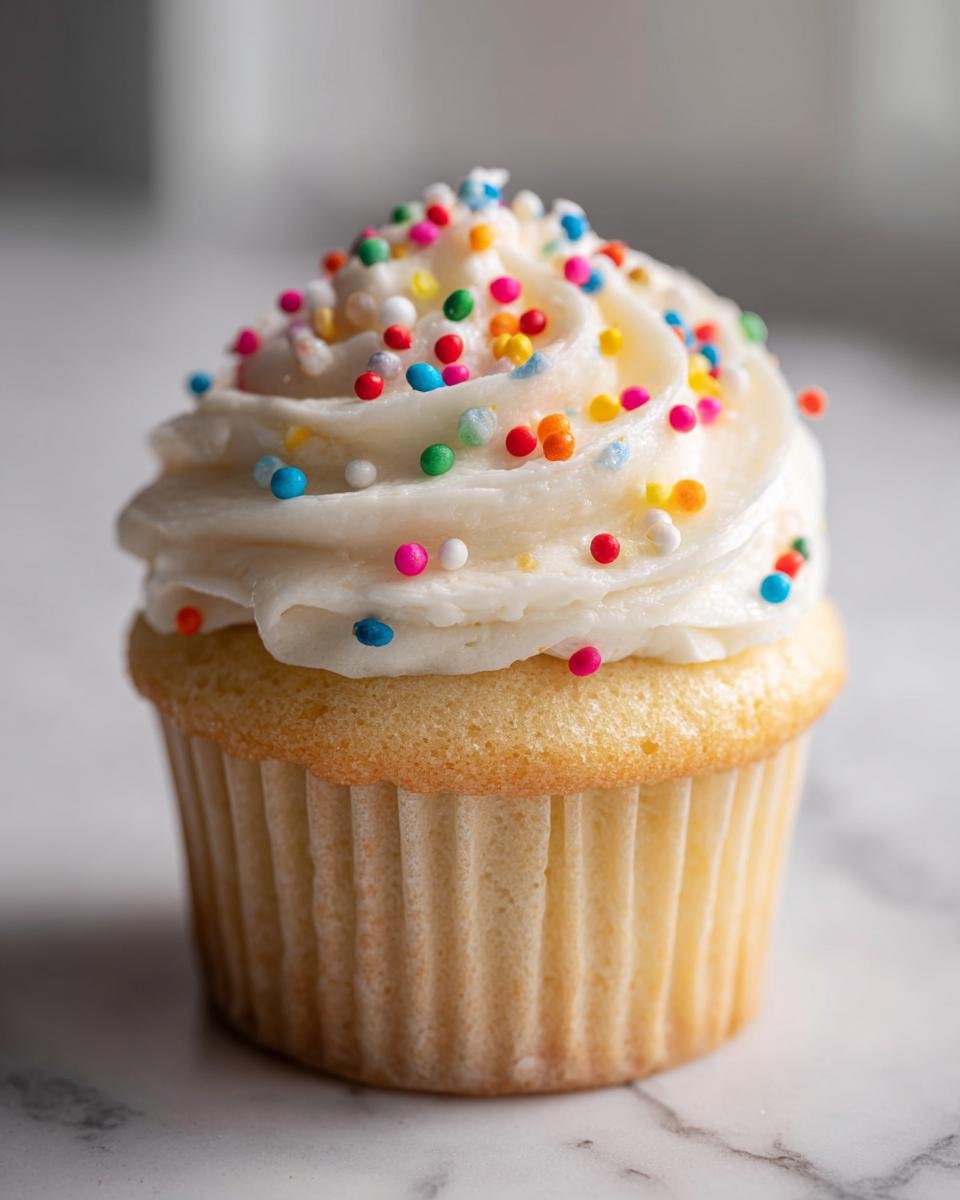 A single, perfectly baked vanilla cupcake topped with white frosting and colorful sprinkles.