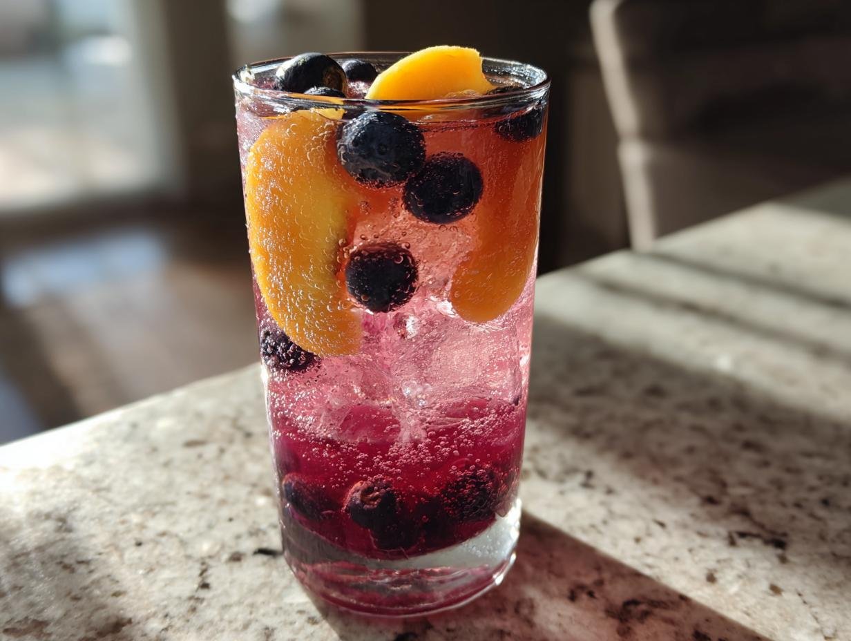 Tall glass filled with sparkling Blueberry Peach Lemonade, garnished with fresh blueberries and peach slices.