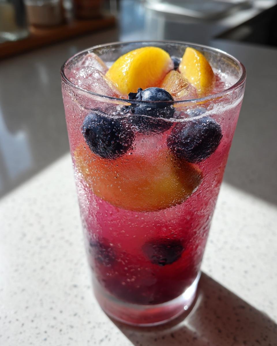 Close-up of a tall, sweating glass filled with vibrant pink Blueberry Peach Lemonade, ice, fresh blueberries, and peach slices.