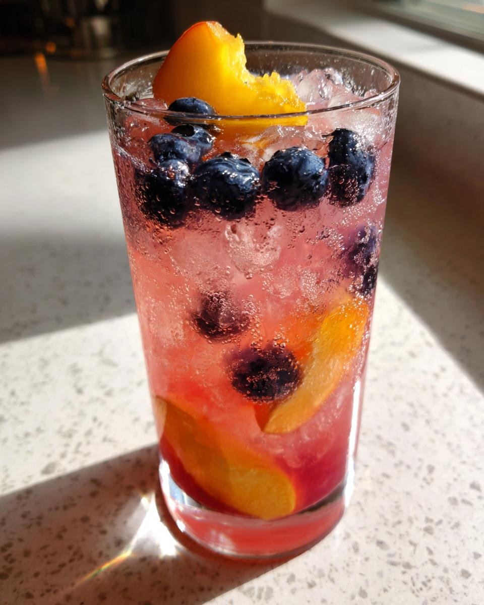 Close-up of a tall glass filled with pink Blueberry Peach Lemonade, ice, fresh blueberries, and peach slices.