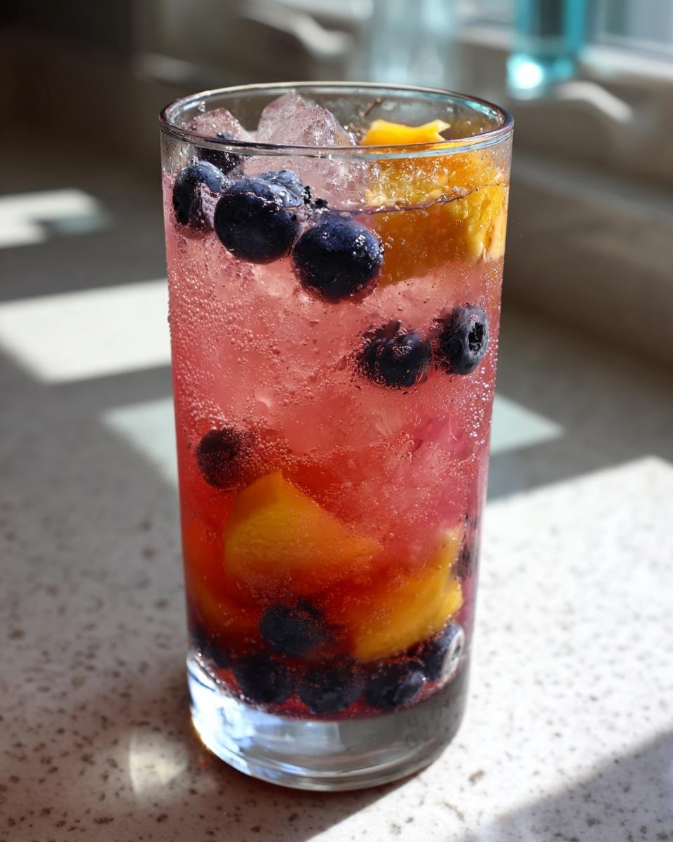 Close-up of vibrant Blueberry Peach Lemonade with ice, fresh blueberries, and peach slices in a tall glass.