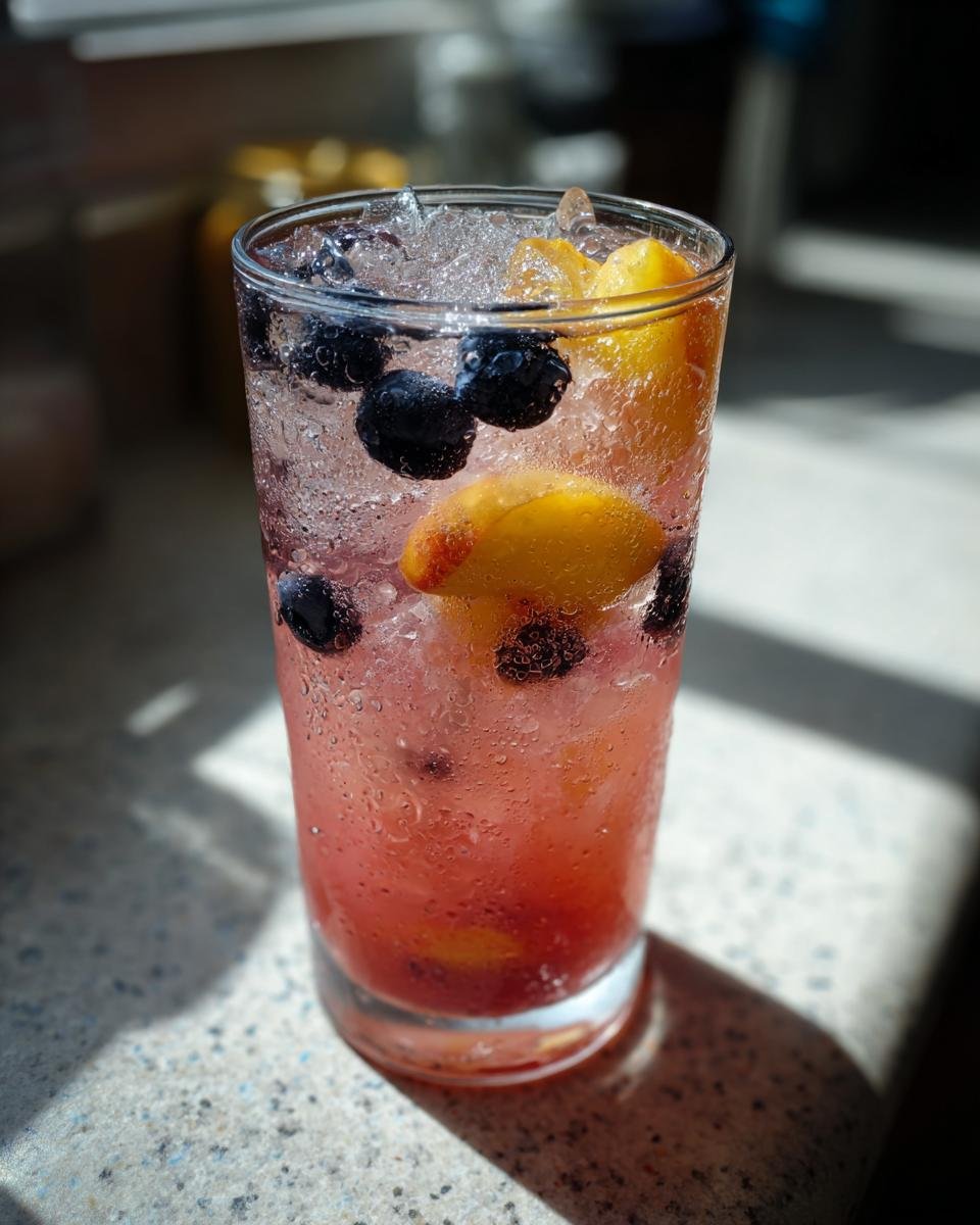 Close-up of a tall glass filled with ice, pink liquid, fresh blueberries, and peach slices, making a vibrant Blueberry Peach Lemonade.