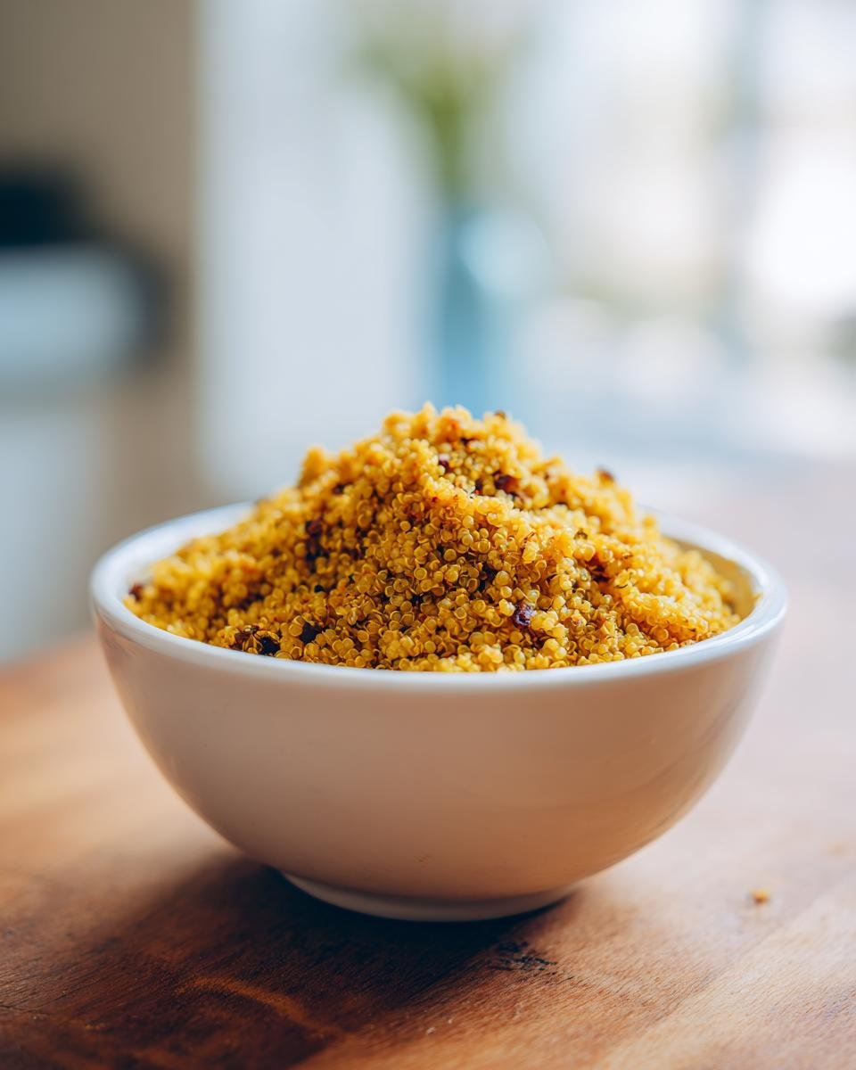 A close-up of a white bowl filled with bright yellow Curried Fried Quinoa, resting on a wooden surface.
