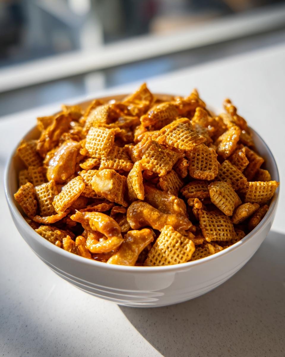 A white bowl filled with glistening, coated squares of Irresistible Toffee Chex Mix recipe, bathed in sunlight.