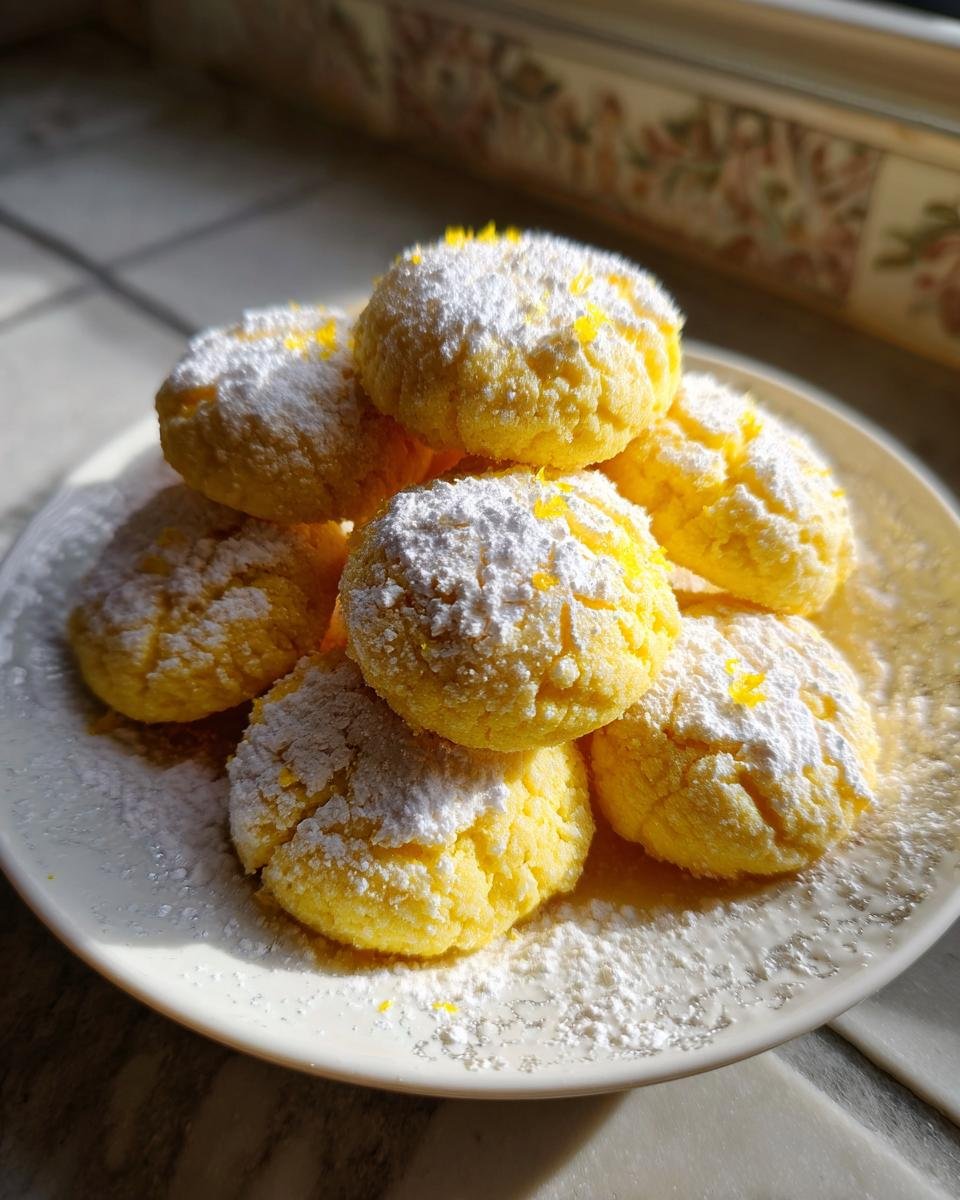 A stack of bright yellow Lemon Cookies generously dusted with powdered sugar and topped with lemon zest.