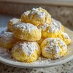 A mound of bright yellow Lemon Cookies dusted heavily with white powdered sugar on a white plate.