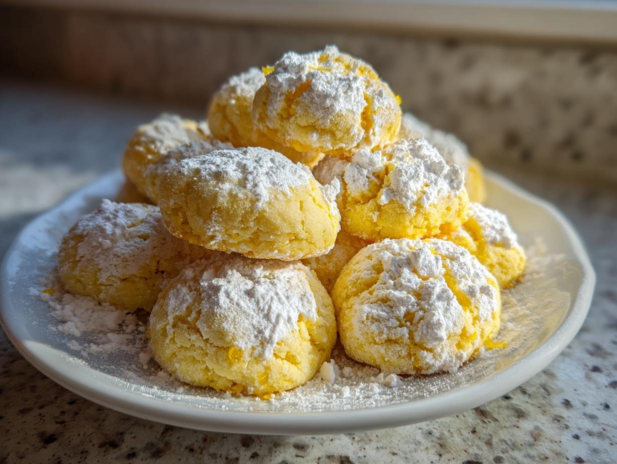 A mound of bright yellow Lemon Cookies dusted heavily with white powdered sugar on a white plate.