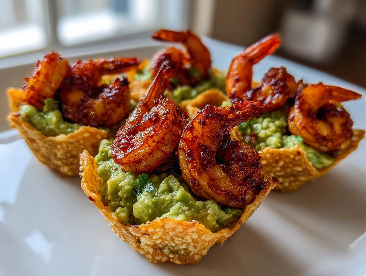 Close-up of three Cajun Shrimp Guacamole Tortilla Bites featuring seasoned shrimp atop guacamole in crispy wonton cups.