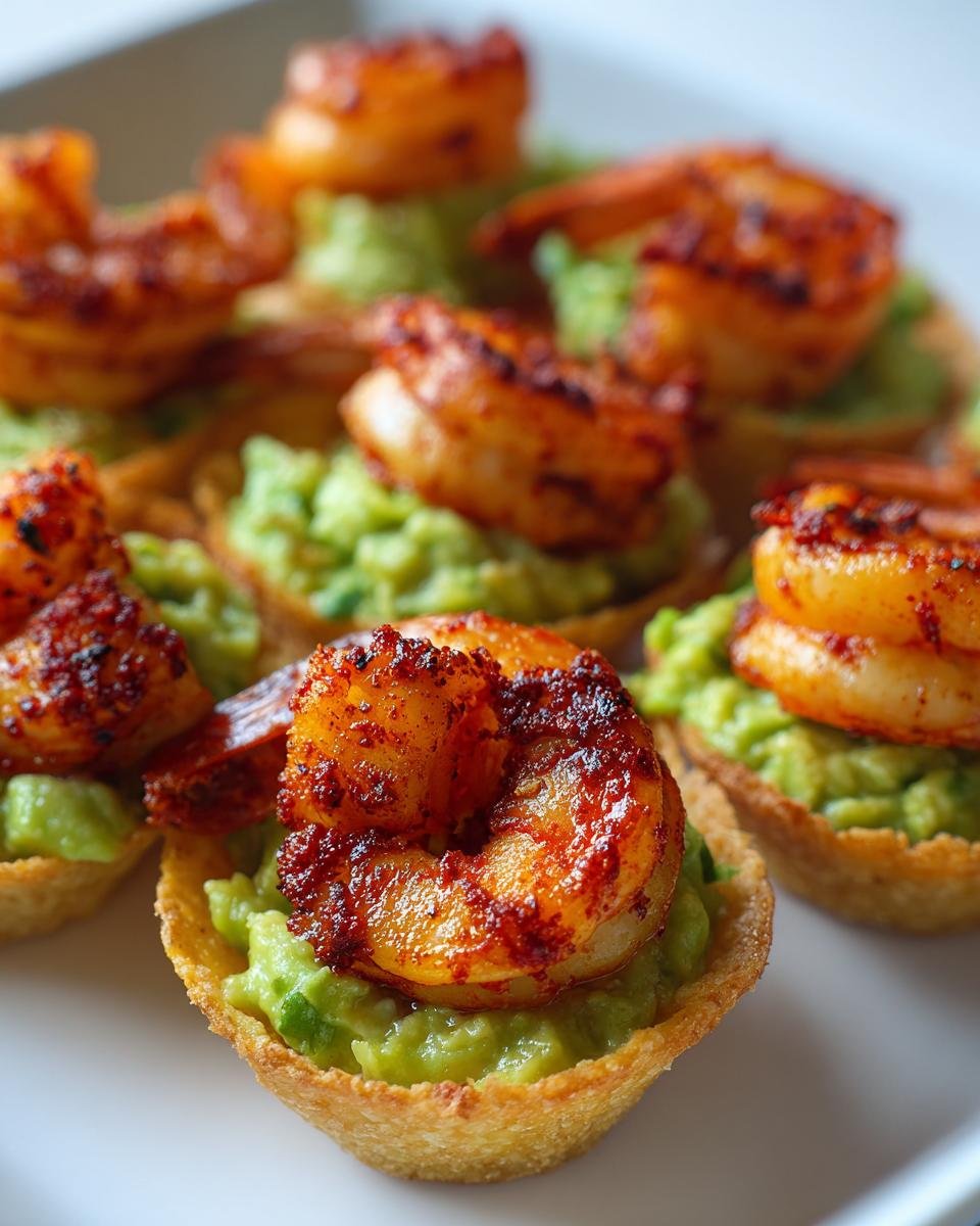 Close-up of crispy tortilla cups filled with guacamole and topped with a seasoned Cajun shrimp.