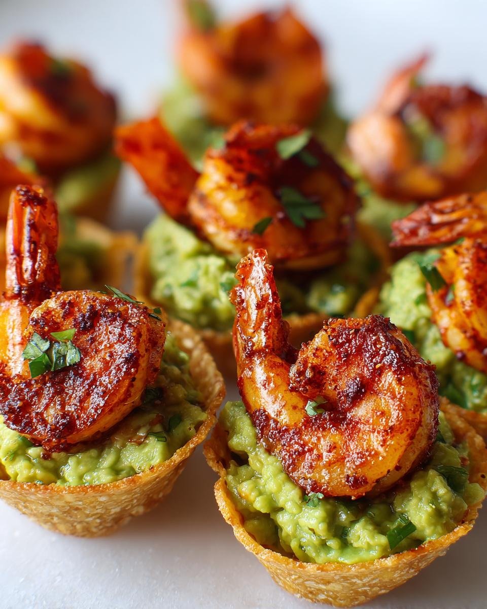 Close-up of crispy tortilla cups filled with guacamole and topped with a seasoned Cajun Shrimp Guacamole Tortilla Bites.