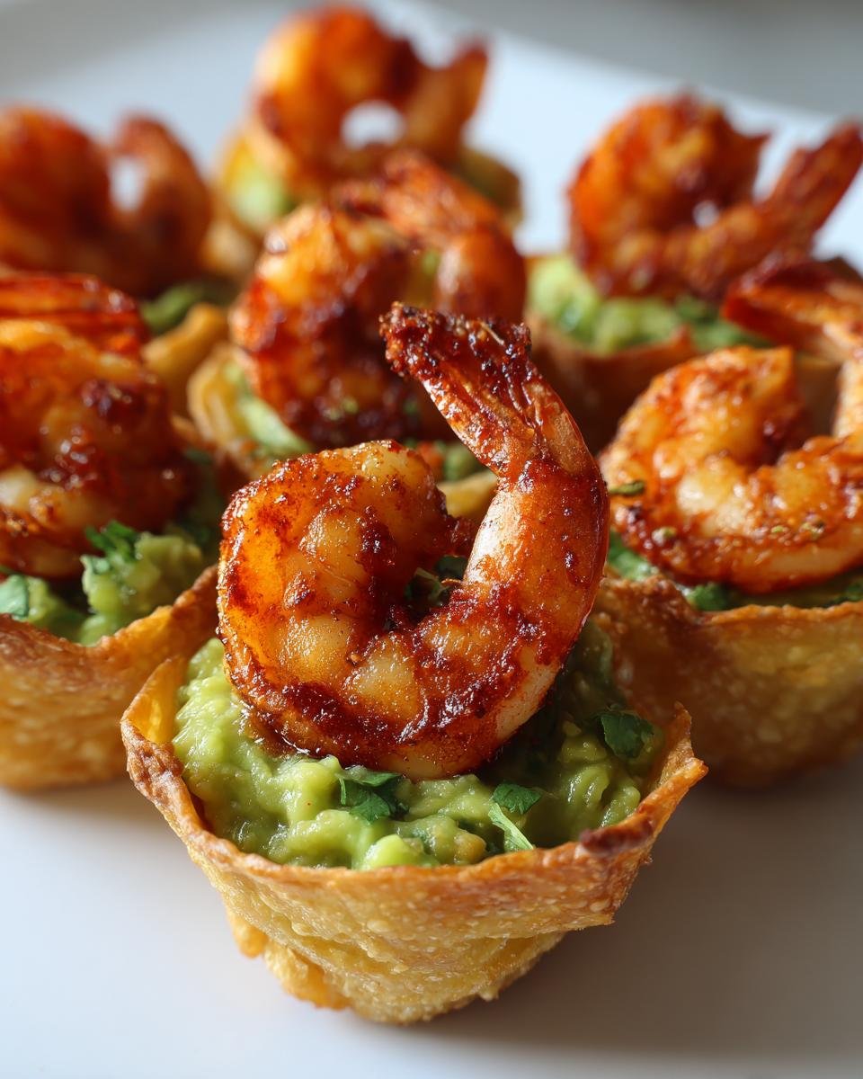 Close-up of crispy tortilla cups filled with guacamole and topped with a seasoned Cajun Shrimp Guacamole Tortilla Bites.