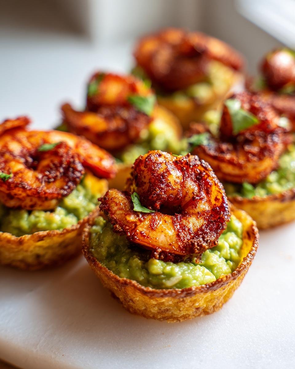Close-up of Cajun Shrimp Guacamole Tortilla Bites featuring seasoned shrimp on guacamole in crispy shells.